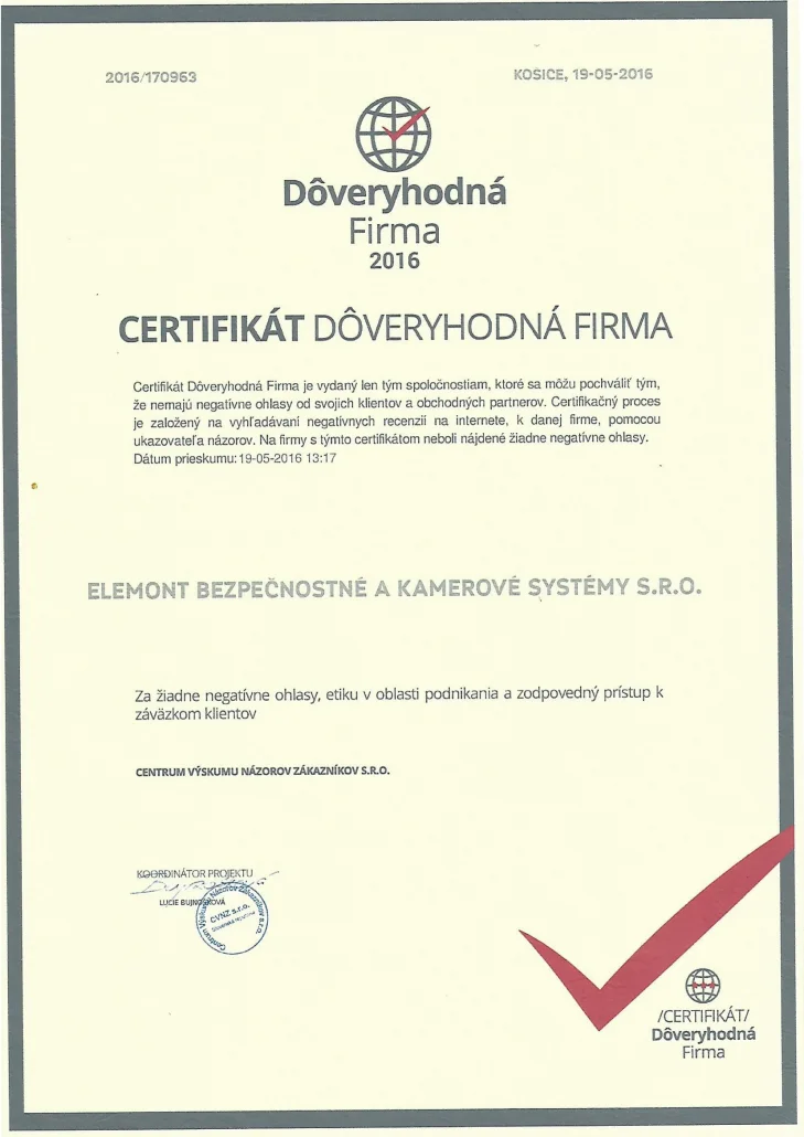 Certifikát Dôveryhodná Firma 2016