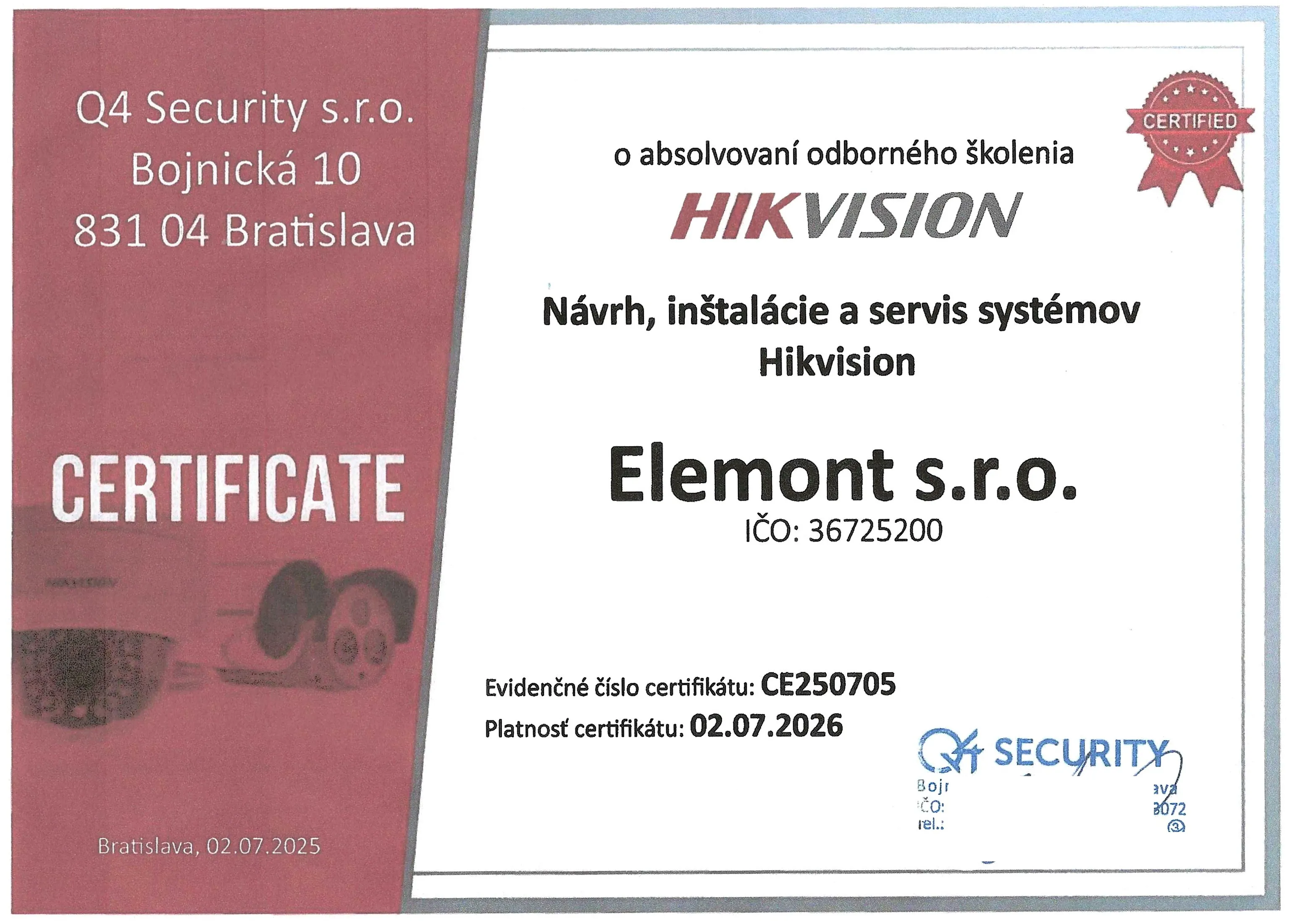 Certifikát HikVision Q7