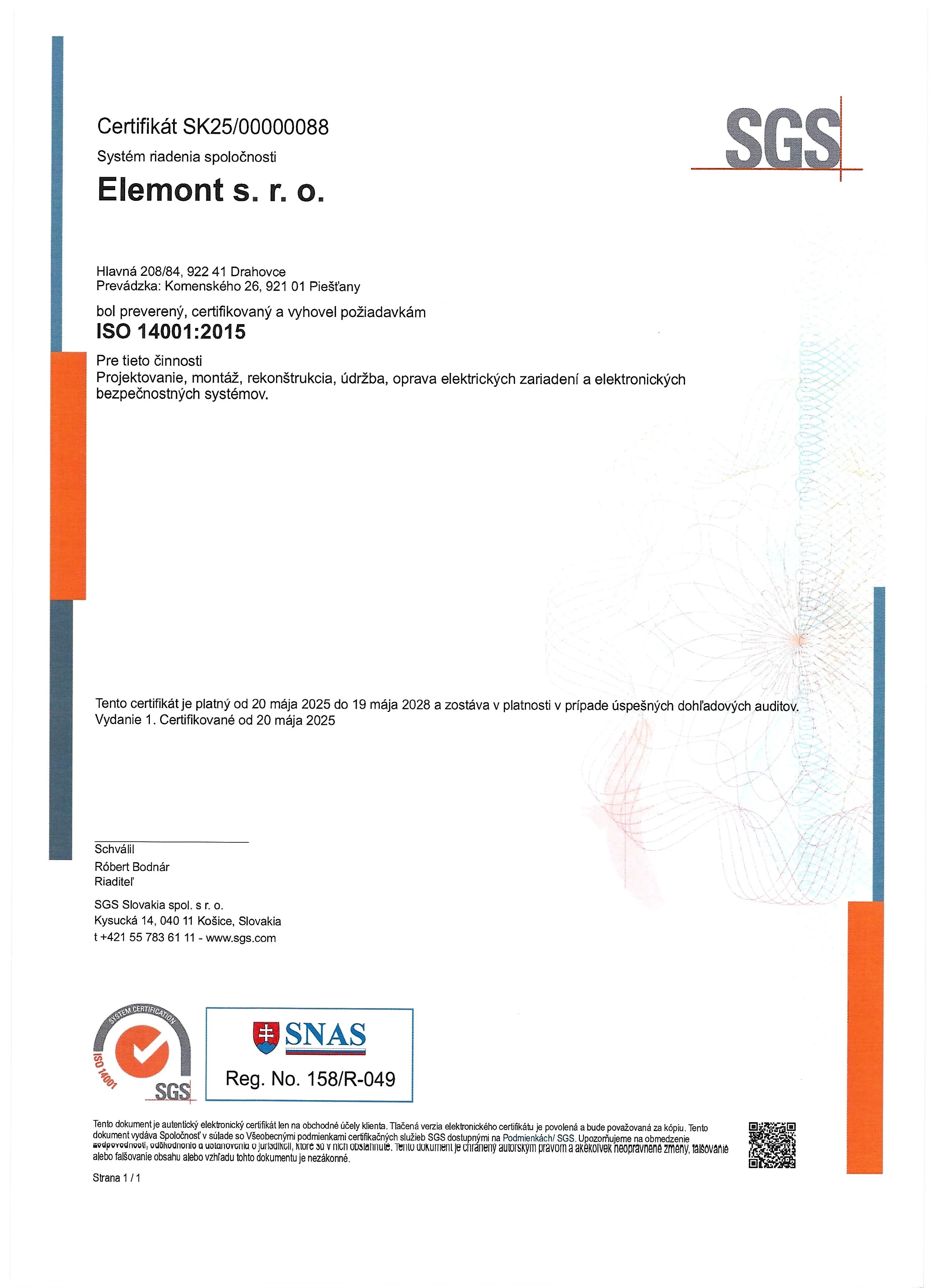 Certifikát ISO 14001:2015 (Environmentálne manažérstvo)