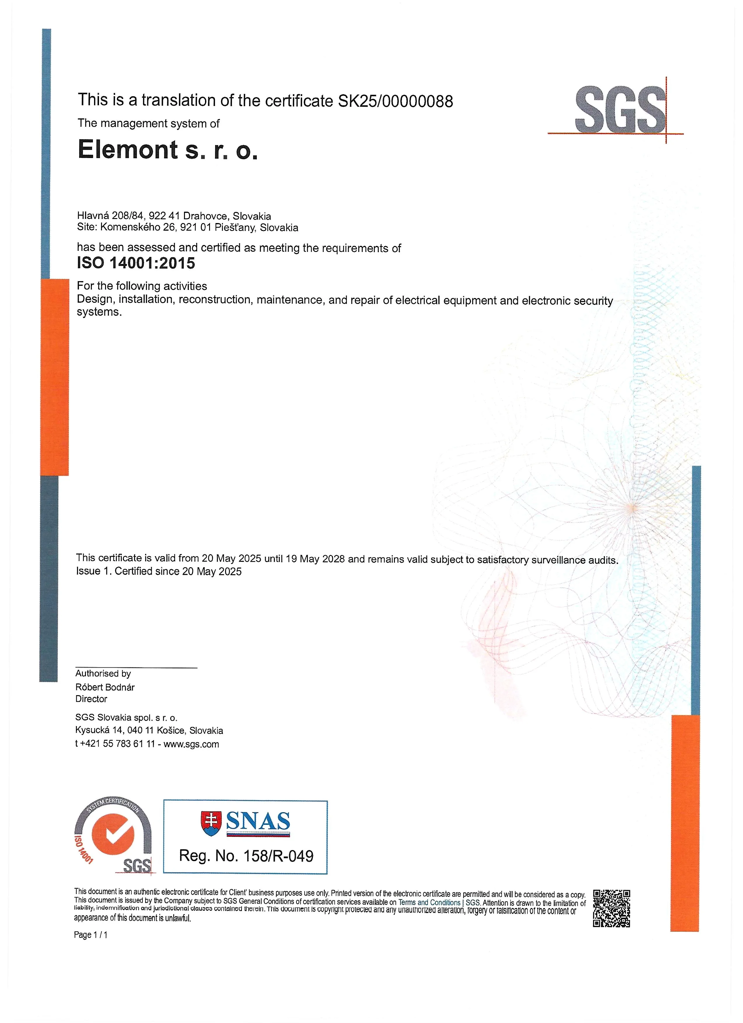 Certifikát ISO 14001:2015 (Príloha)