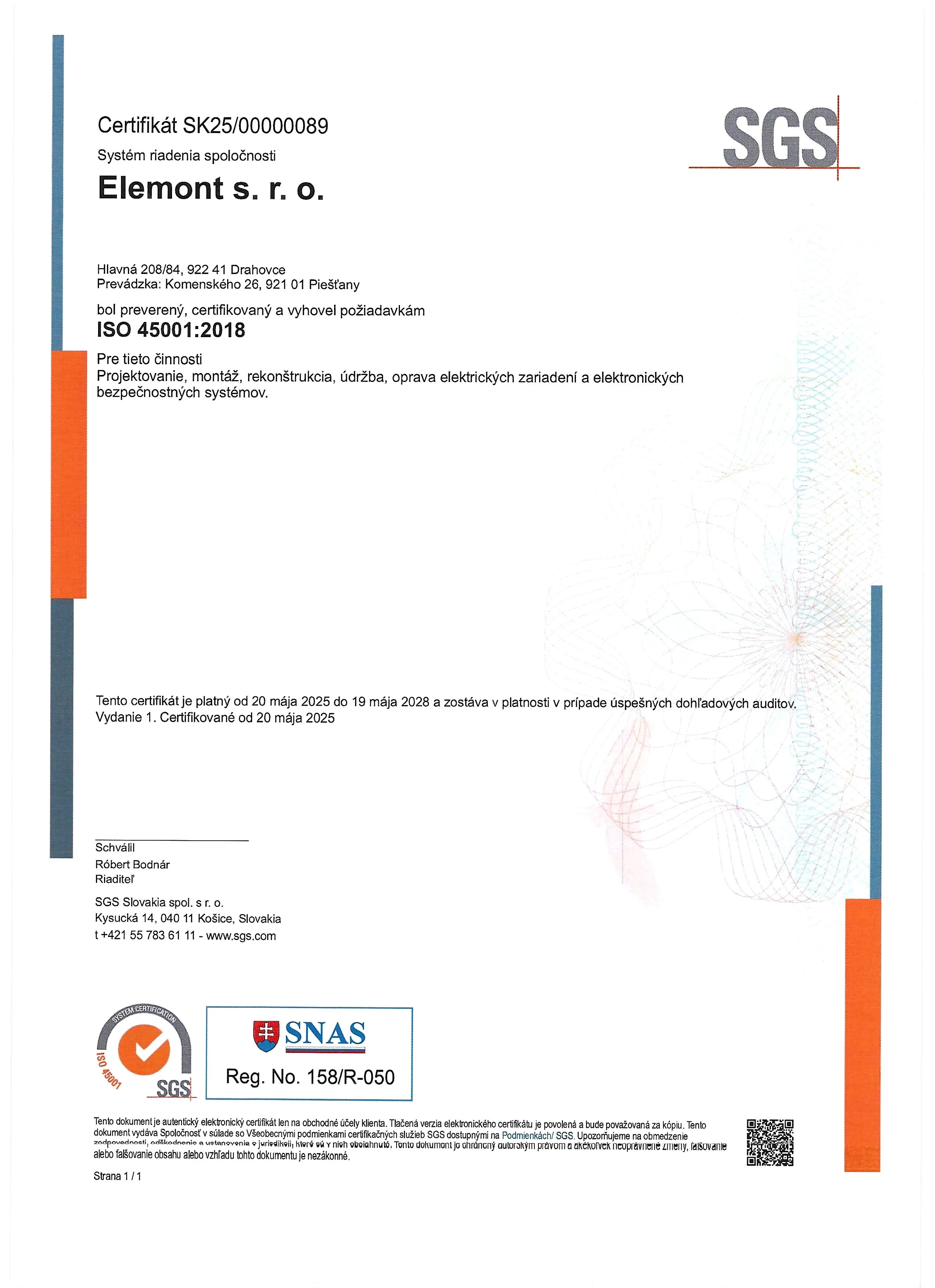 Certifikát ISO 45001:2018 (BOZP)