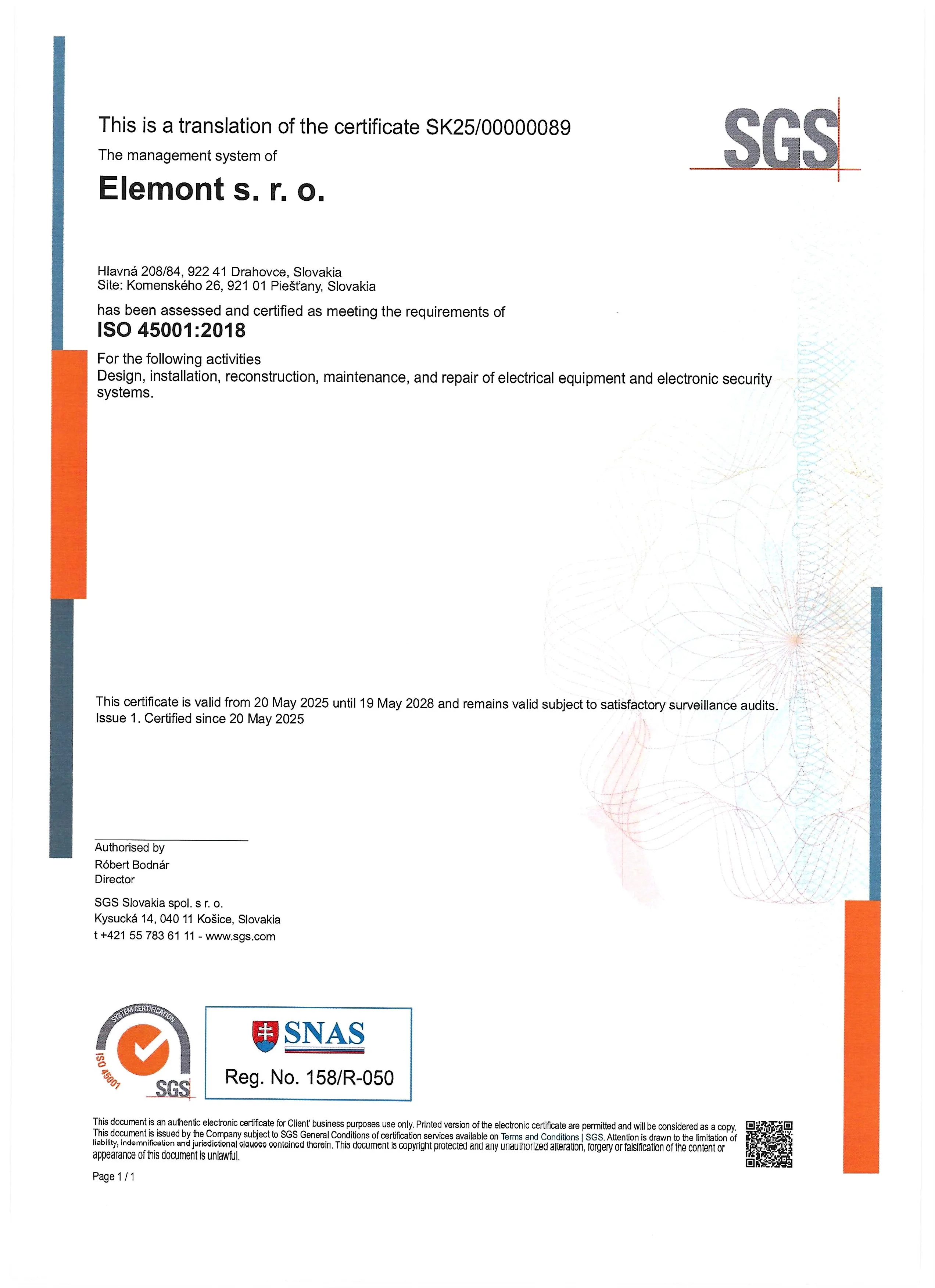 Certifikát ISO 45001:2018 (Príloha)