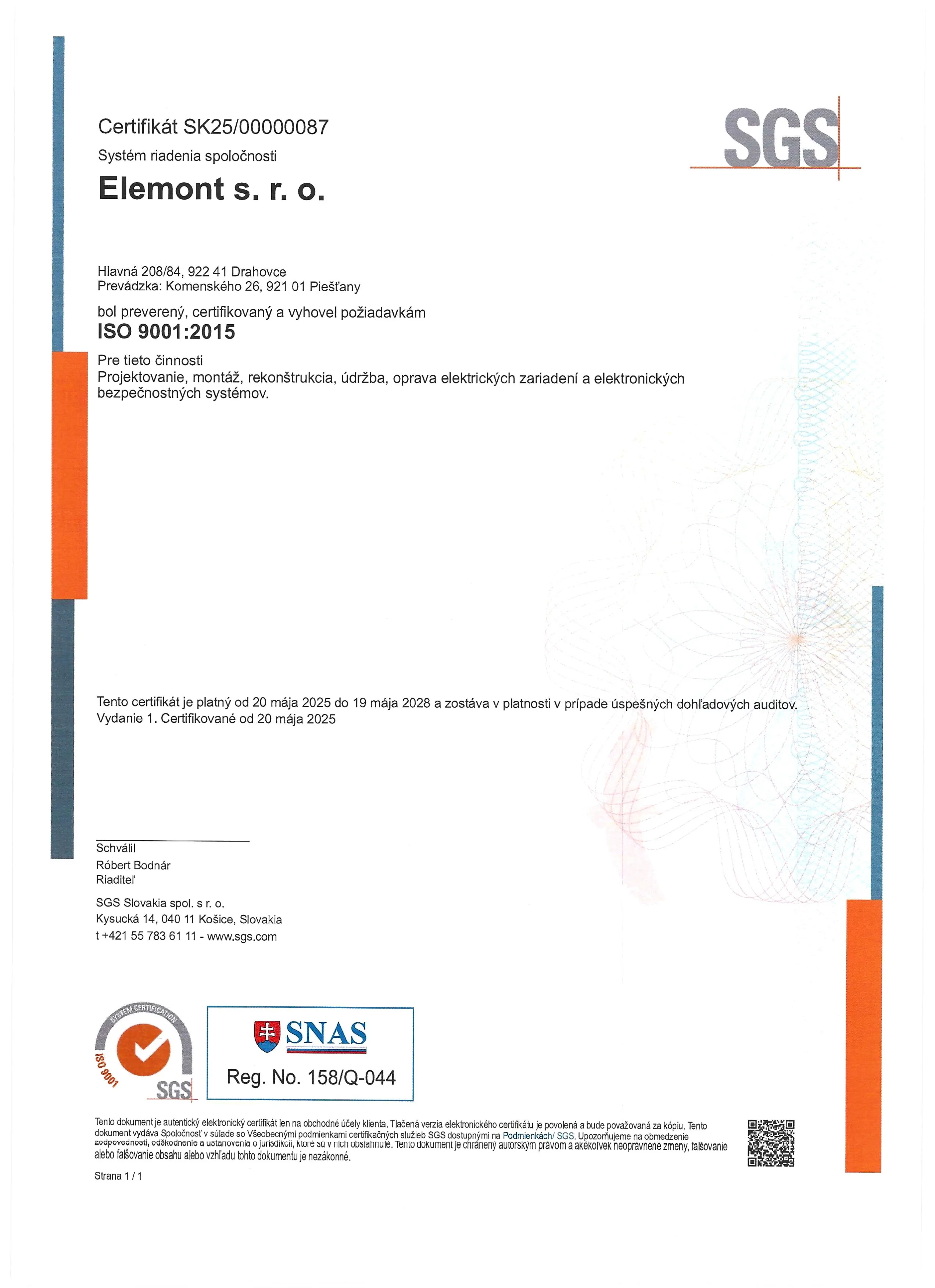 Certifikát ISO 9001:2015 (Manažérstvo kvality)