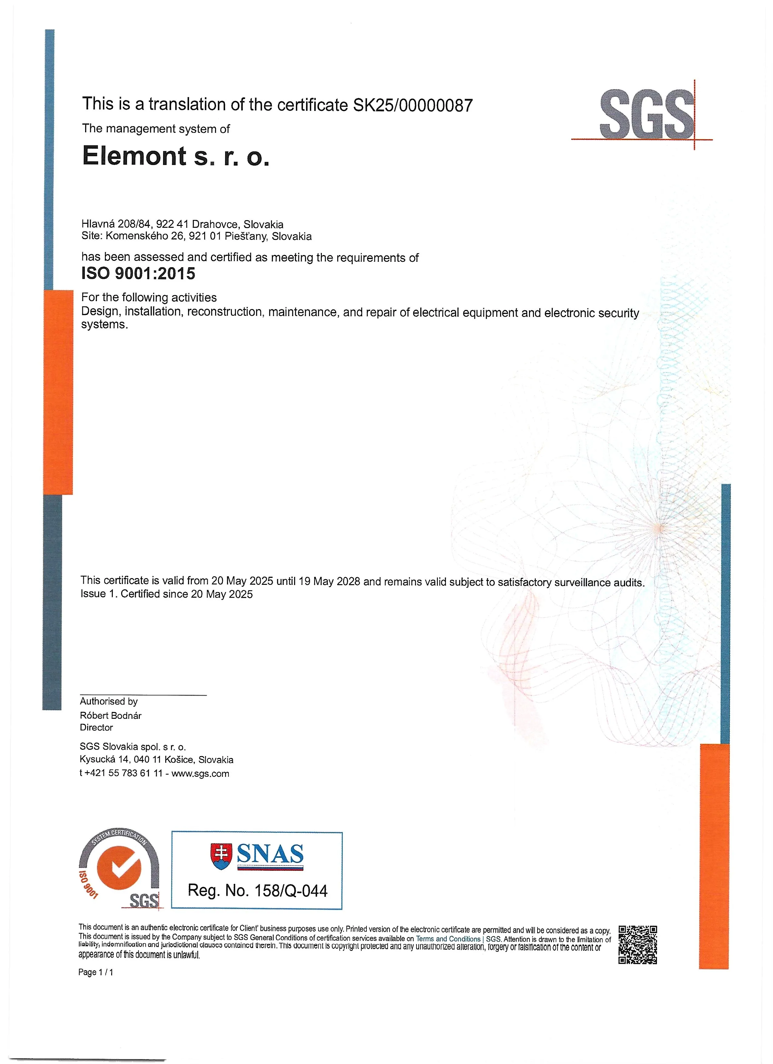 Certifikát ISO 9001:2015 (Príloha)