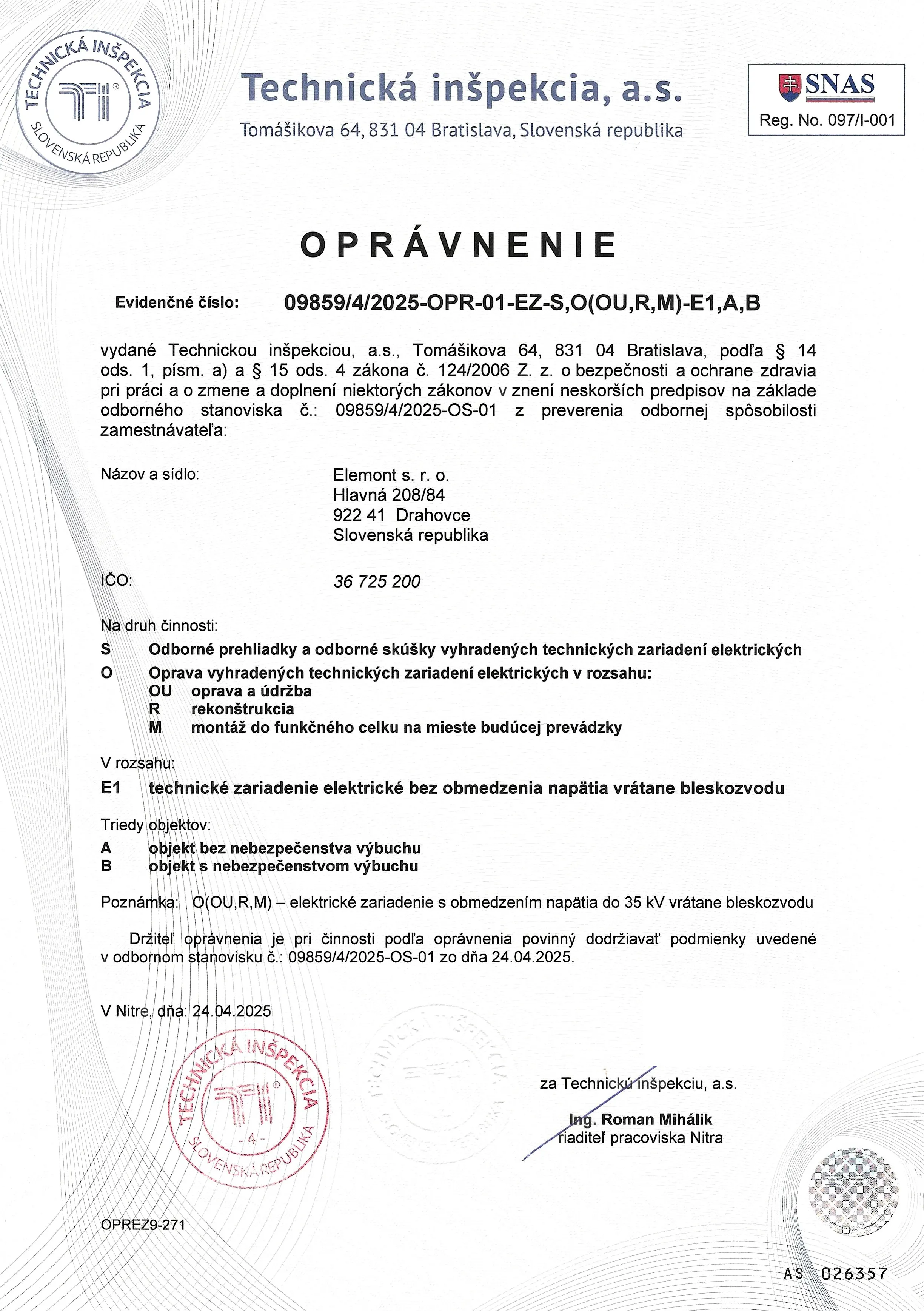 Oprávnenie Technická Inšpekcia SR