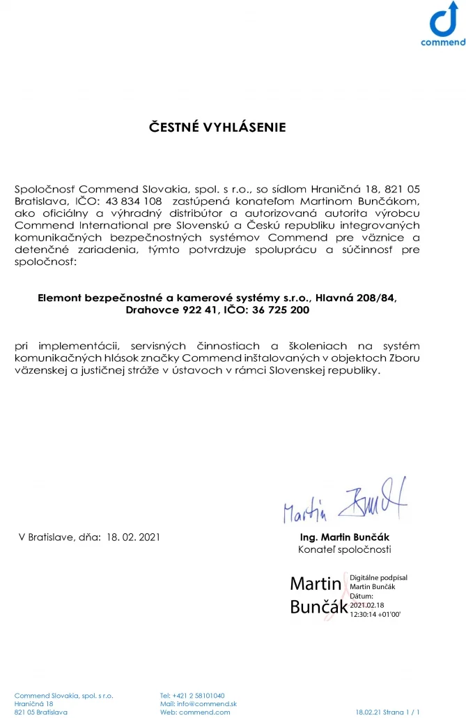 Čestné vyhlásenie o spolupráci (Commend Slovakia)