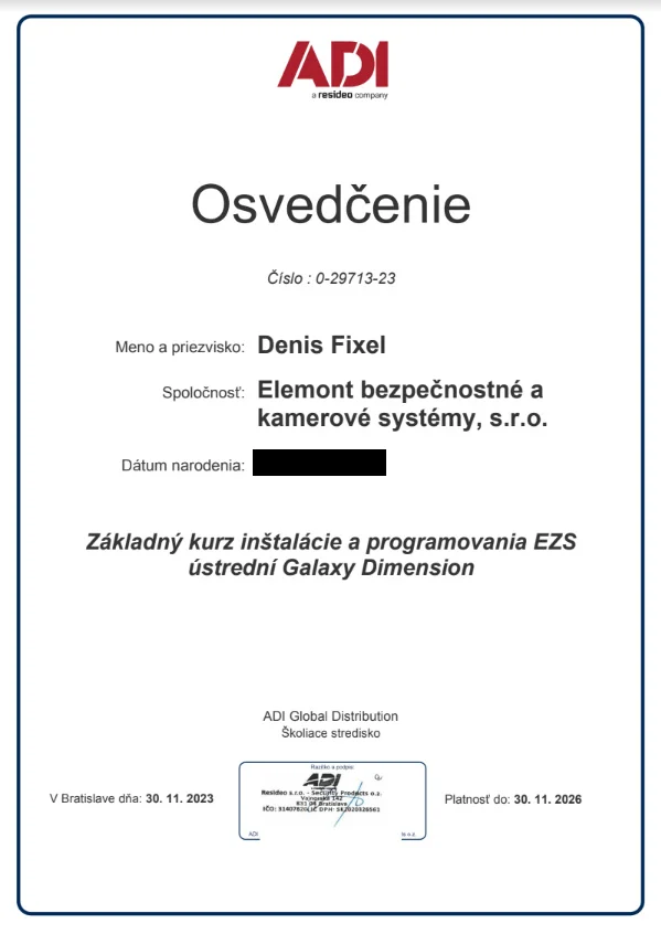 Osvedčenie ADI - Základný kurz EZS Galaxy Dimension