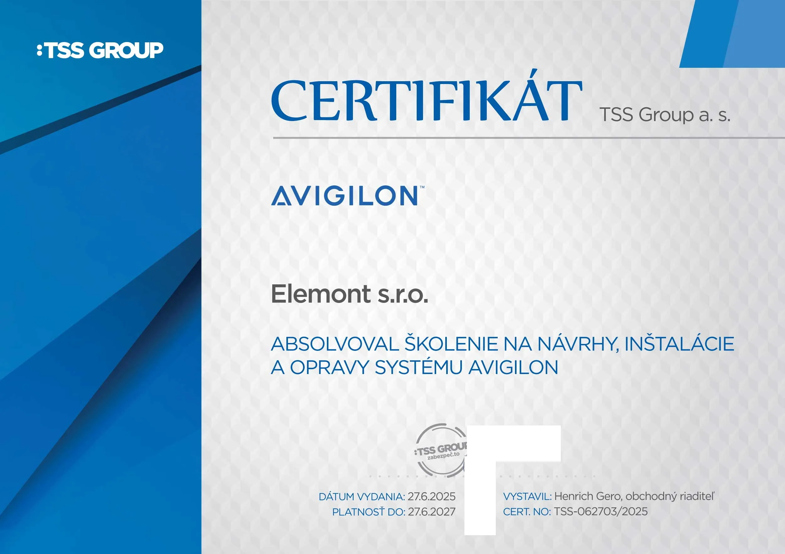 Certifikát Avigilon 2025