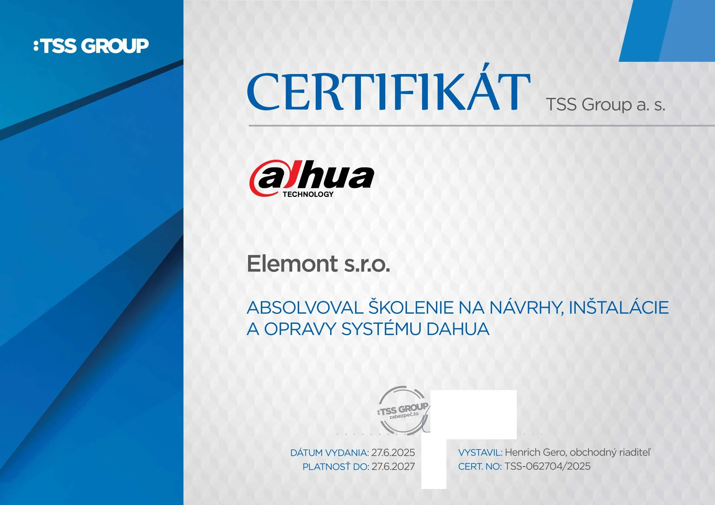 Certifikát Dahua 2025