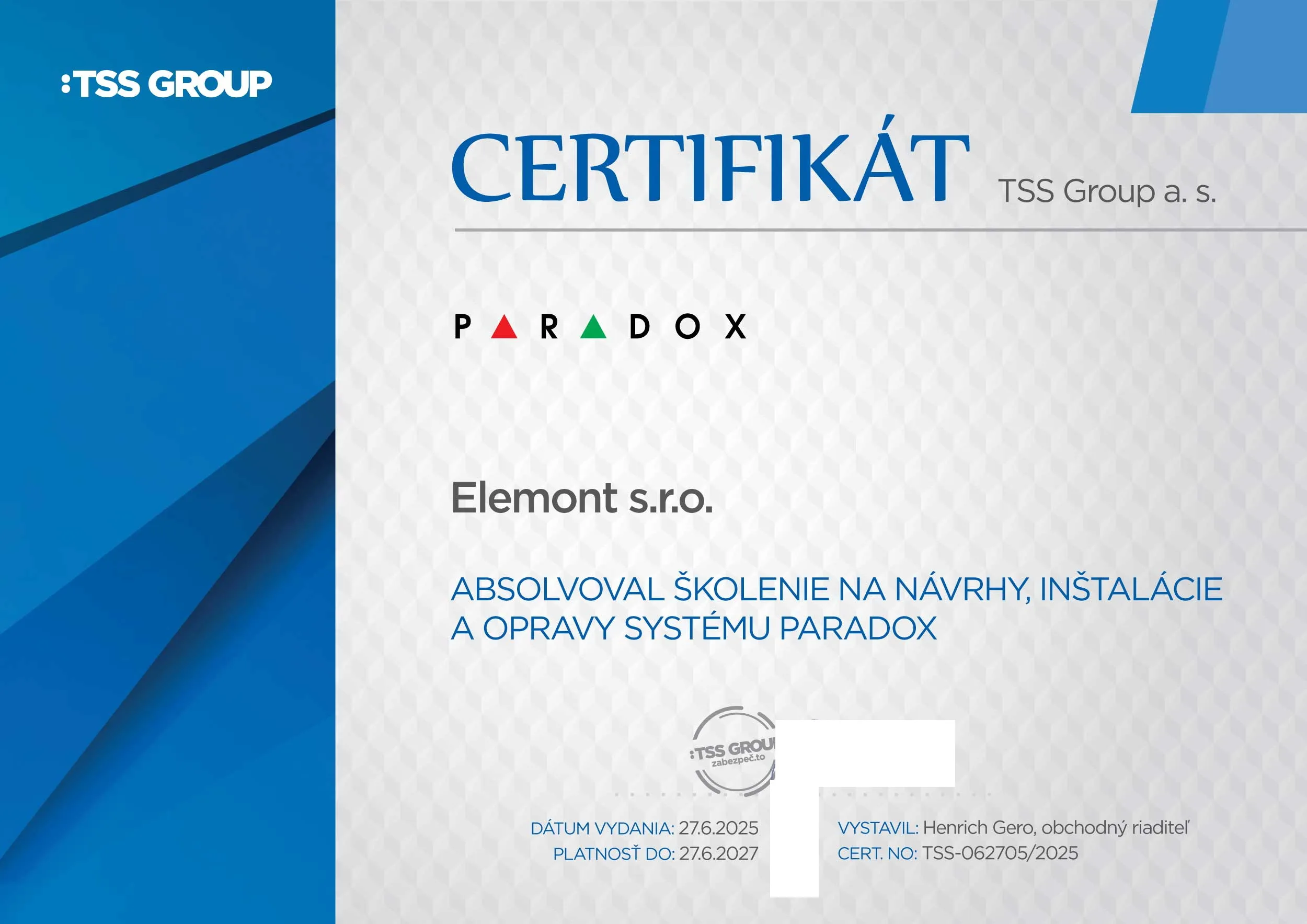 Certifikát Paradox 2025